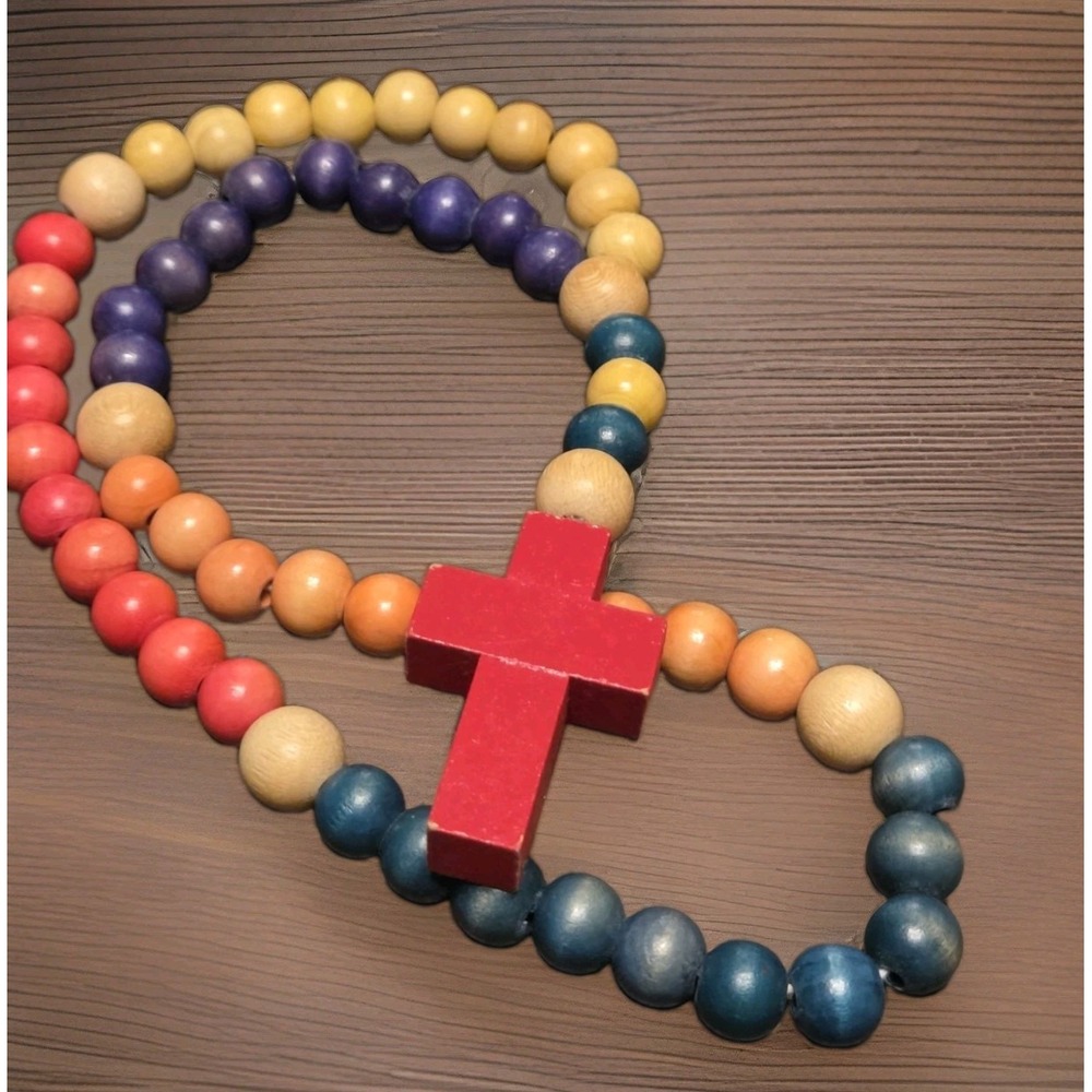 VTG Large Multicolor Catholic Rosary Wooden Beads Chunky Christian Religious